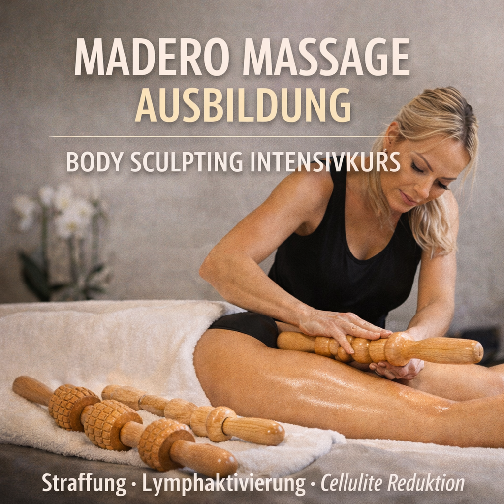 Frau gibt eine modellierende Massage mit Holzrollen; Text: MADERO MASSAGE THERAPIE Intensiv Praxiskurs von Lash & Brow Academy. Blashy Shop