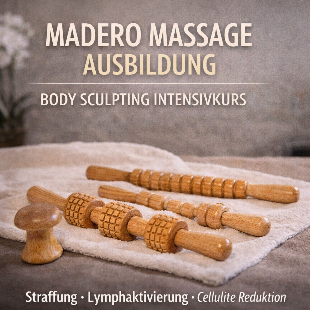 Vier hölzerne Massagewerkzeuge auf einem beigen Handtuch, ideal für den MADERO MASSAGE THERAPIE Kurs von Lash & Brow Academy. Blashy Shop