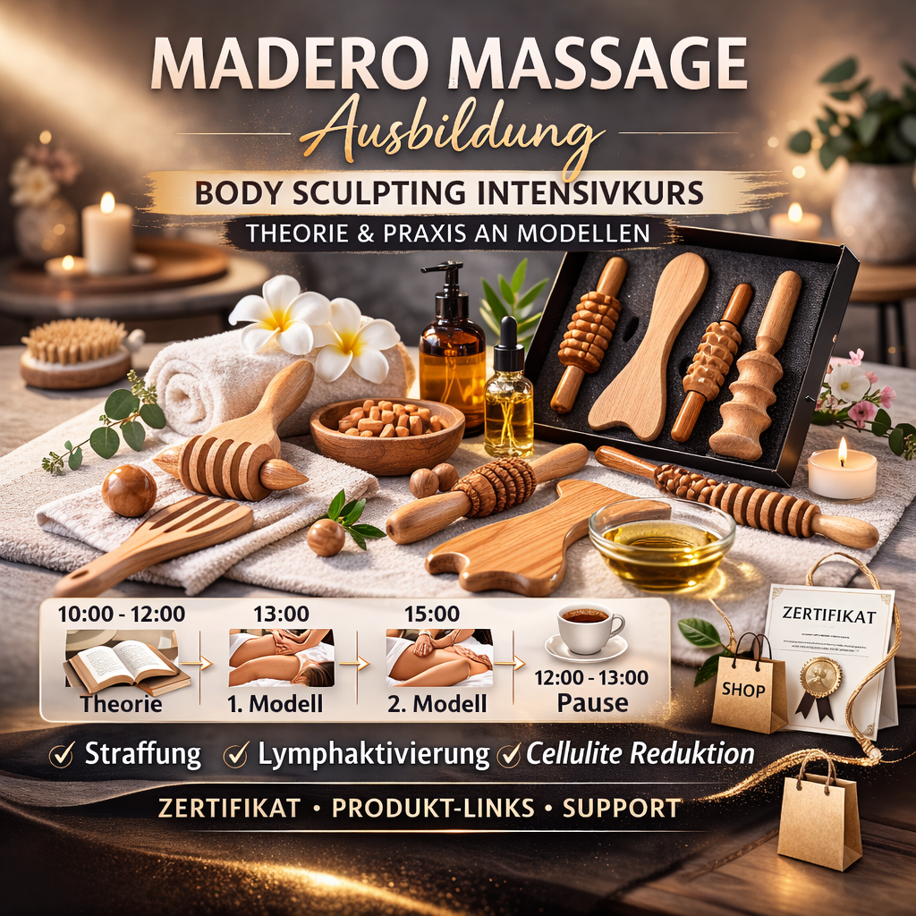 Holzmassagegeräte, Öle & Handtücher für den MADERO MASSAGE THERAPIE Intensiv Praxiskurs der Lash & Brow Academy. Blashy Shop