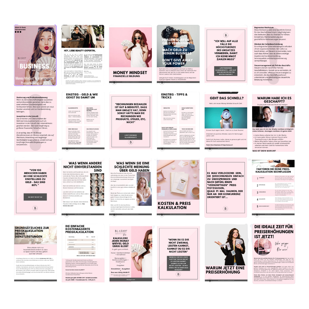 Eine Collage von 20 Money Mindset & Management Social Posts (DE) von Lash&Brow Academy Online mit Bildern, Texten & Charts. Blashy Shop
