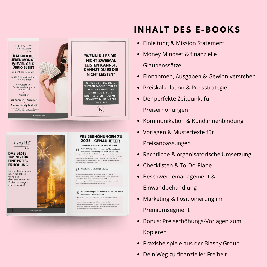 Zwei Lash&Brow Academy Online E-Book-Cover, einschließlich Money Mindset & Management, auf rosa Hintergrund. Blashy Shop