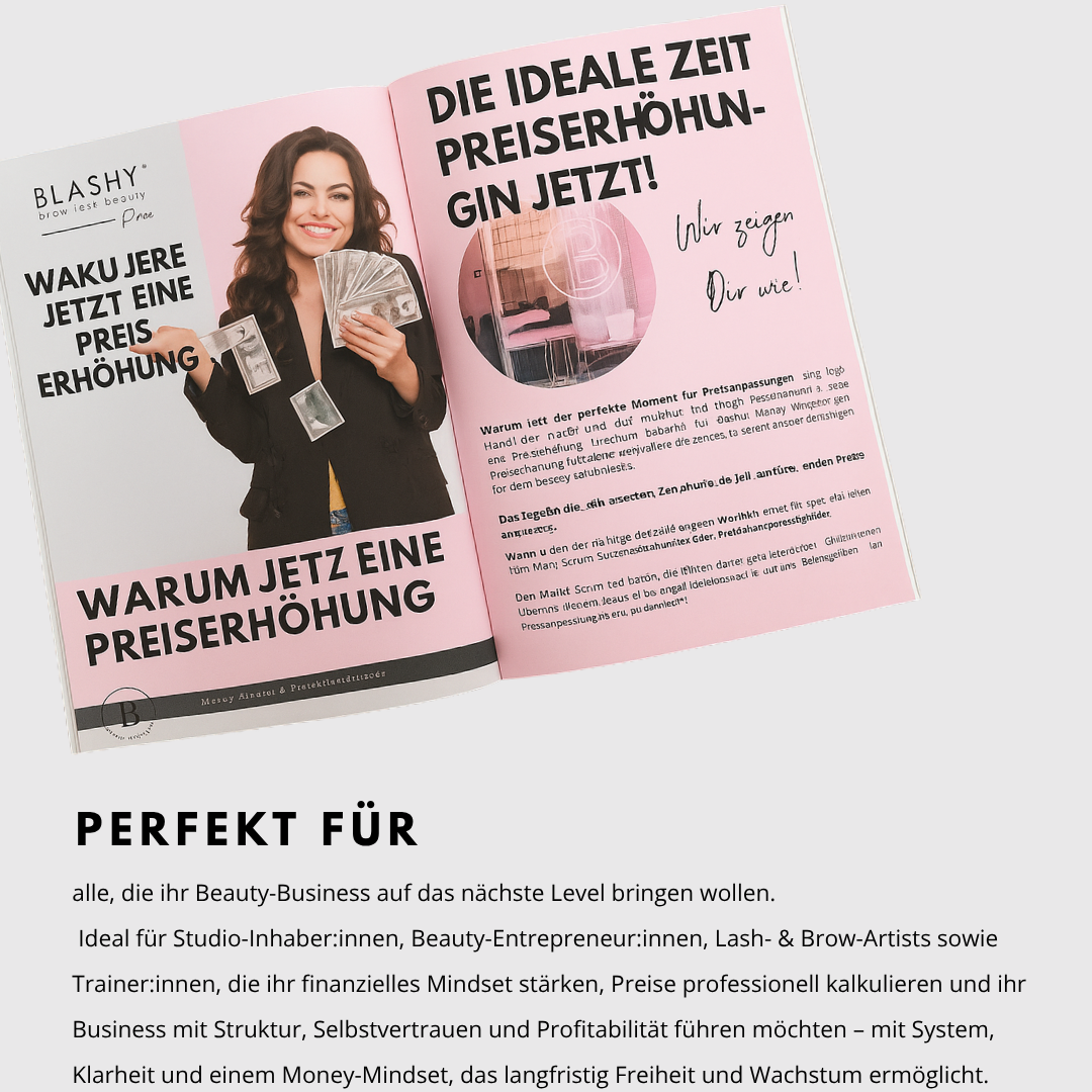 Eine Frau hält das E-Book Money Mindset & Management 2026 von Lash&Brow Academy Online in der Hand und gibt Geschäftstipps. Blashy Shop