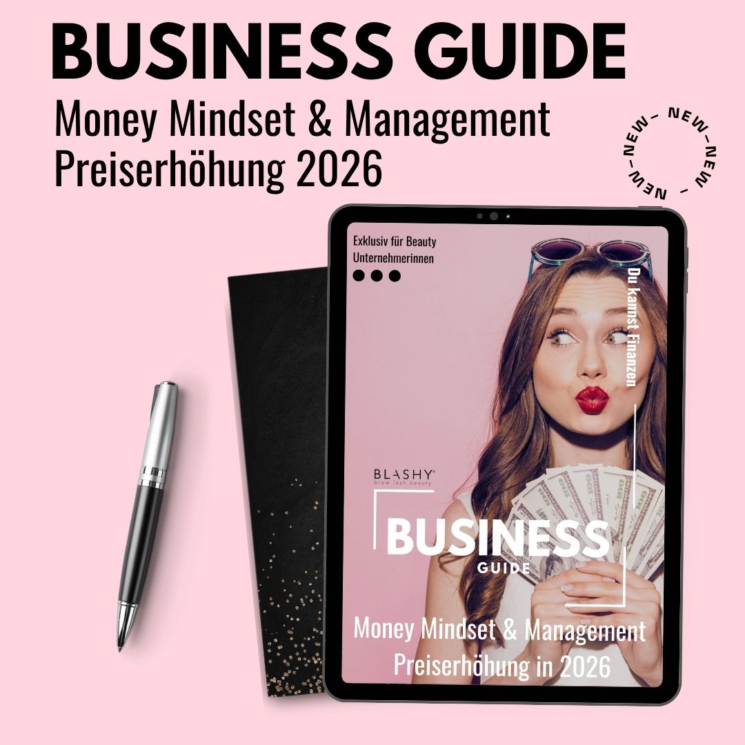 Tablet-Anzeige Money Mindset & Management: Wie erhöhe ich in 2026 meine Preise? E-Book von Lash&Brow Academy Online. Blashy Shop