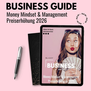 Tablet-Anzeige Money Mindset & Management: Wie erhöhe ich in 2026 meine Preise? E-Book von Lash&Brow Academy Online. Blashy Shop