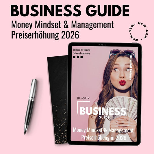 Tablet-Anzeige Money Mindset & Management: Wie erhöhe ich in 2026 meine Preise? E-Book von Lash&Brow Academy Online. Blashy Shop
