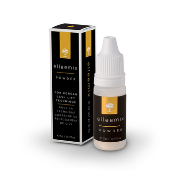 Elleebana Elleemix Powder - Koreanischer Wimpernlift, 5g Flasche neben der Verpackung von Elleebana. Blashy Shop