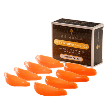 Eine Schachtel *NEU* Elleebana Flex Hybrid Shields Kombi Lift L-Curl (S, M, L, XL) mit 8 orangefarbenen Pads für Lash Lifting. Blashy Shop