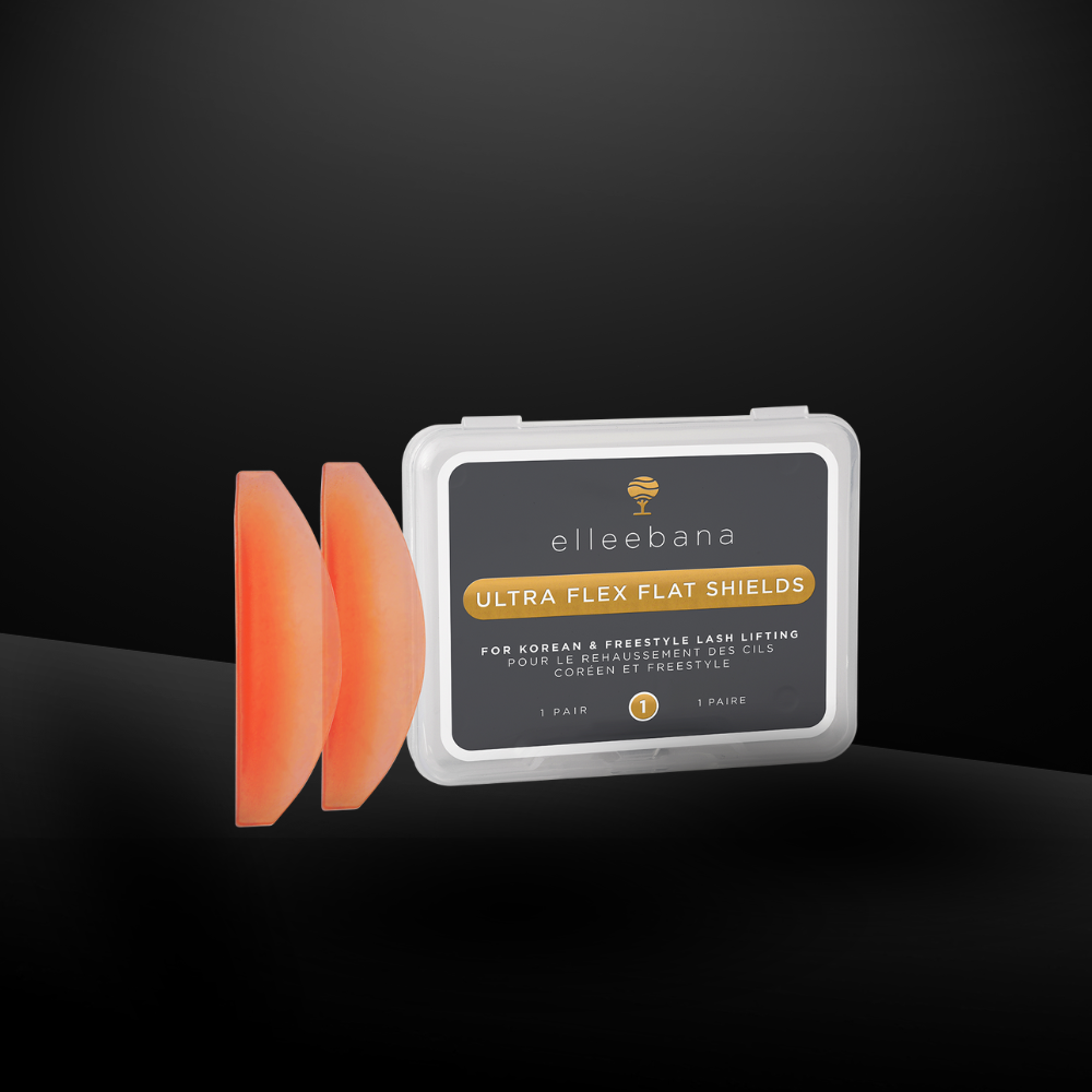 Ein Paar orangefarbene Elleebana Ultra Flex Flat Shields - Korean Lash Lift mit einer beschrifteten Hülle auf dunklem Hintergrund. Blashy Shop