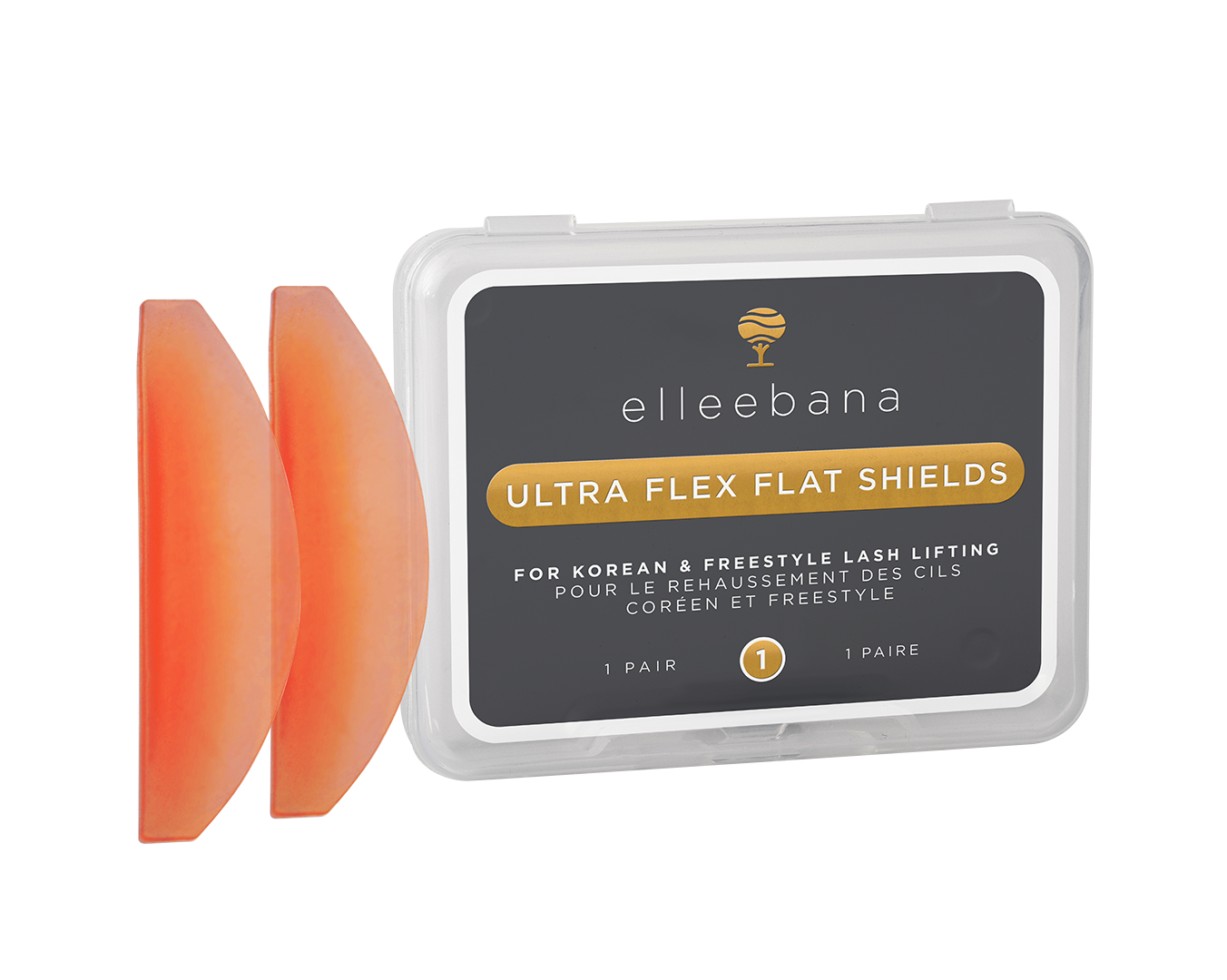Ein Etui mit der Aufschrift *NEU* Elleebana Ultra Flex Flat Shield - Korean Lash Lift mit zwei orangefarbenen Elleebana-Schilden daneben. Blashy Shop