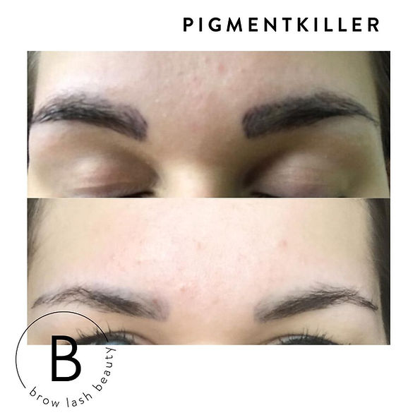 Vorher-Nachher-Bilder einer Augenbrauenaufhellung mit dem PIGMENTKILLER Online Kurs von Lash&Brow Academy Online. Blashy Shop