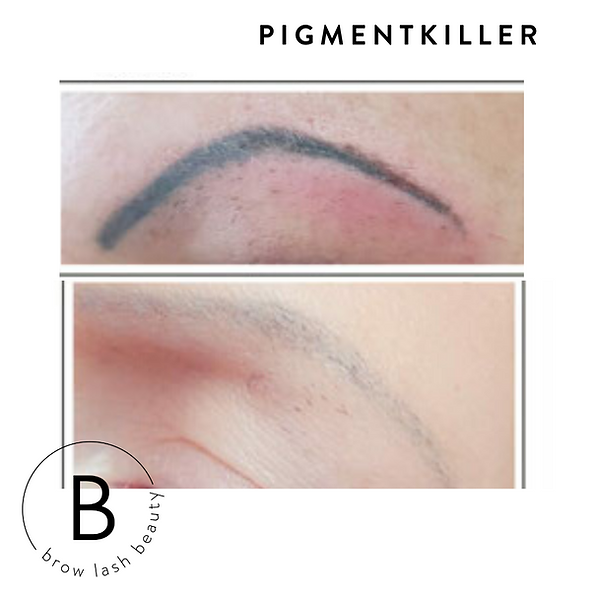 Vor und nach PIGMENTKILLER von Lash&Brow Academy Online; oben: dunkle, unten: verblasste Brauen nach der Behandlung. Blashy Shop