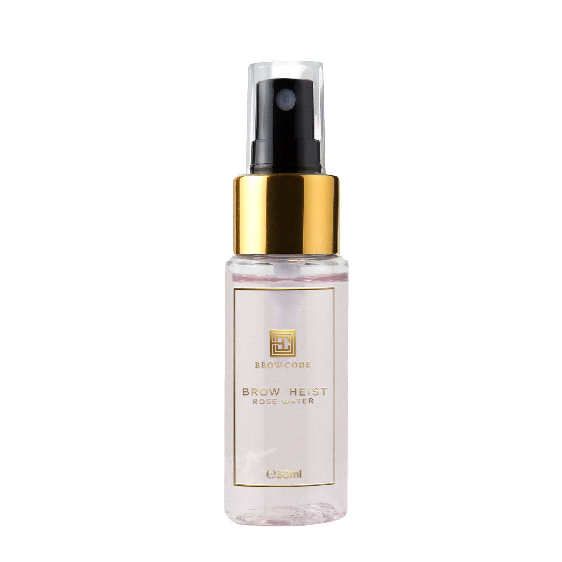 Klare Sprühflasche mit der Aufschrift Brow Code Rosenwasser Spray, 30ml, mit goldenen Akzenten für gepflegte Brauen. Blashy Shop