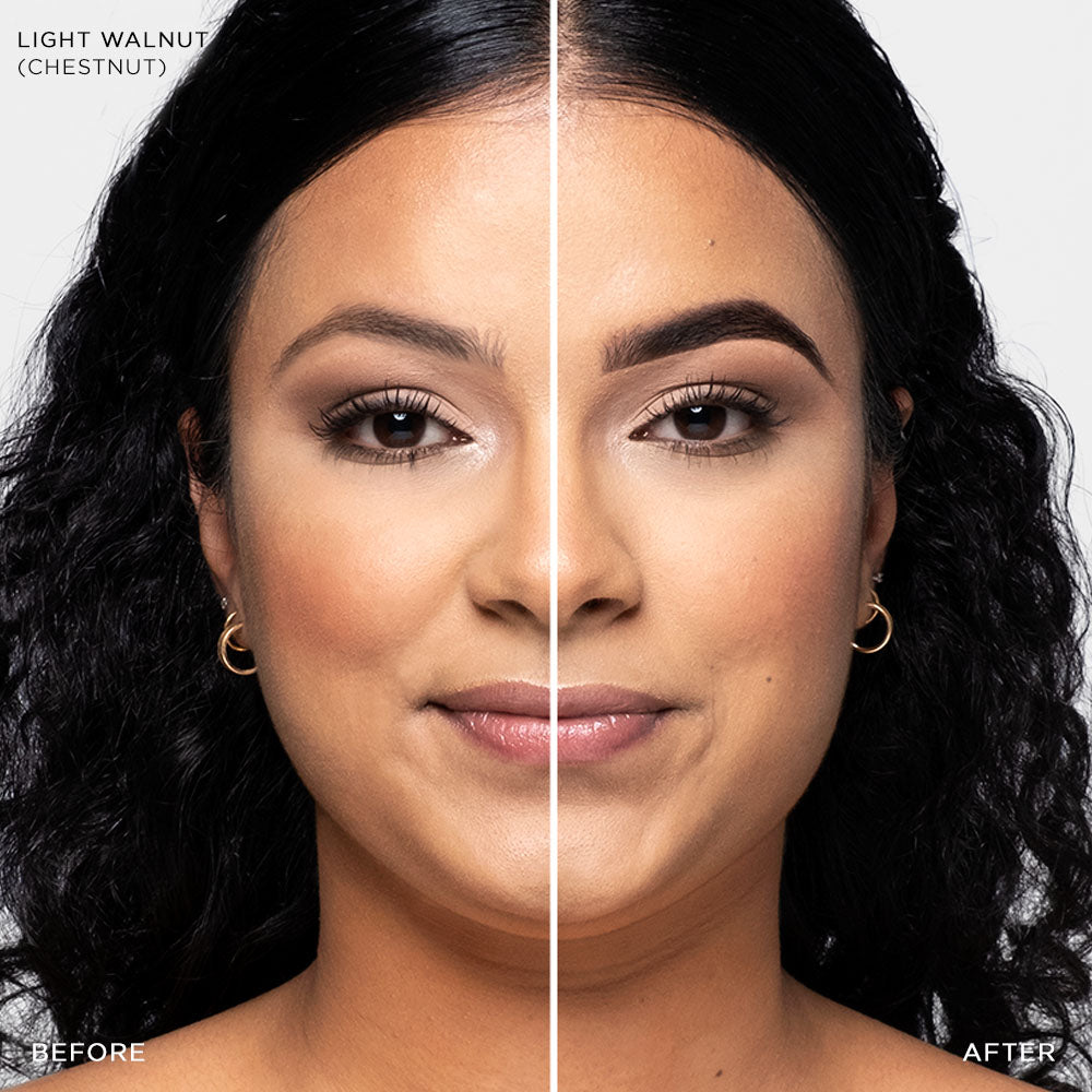 Split-Screen des Gesichts einer Frau vor und nach der Anwendung von Brow Code Stain Hybrid Augenbrauenfarbe (Light Walnut/Chestnut), 15ml. Blashy Shop