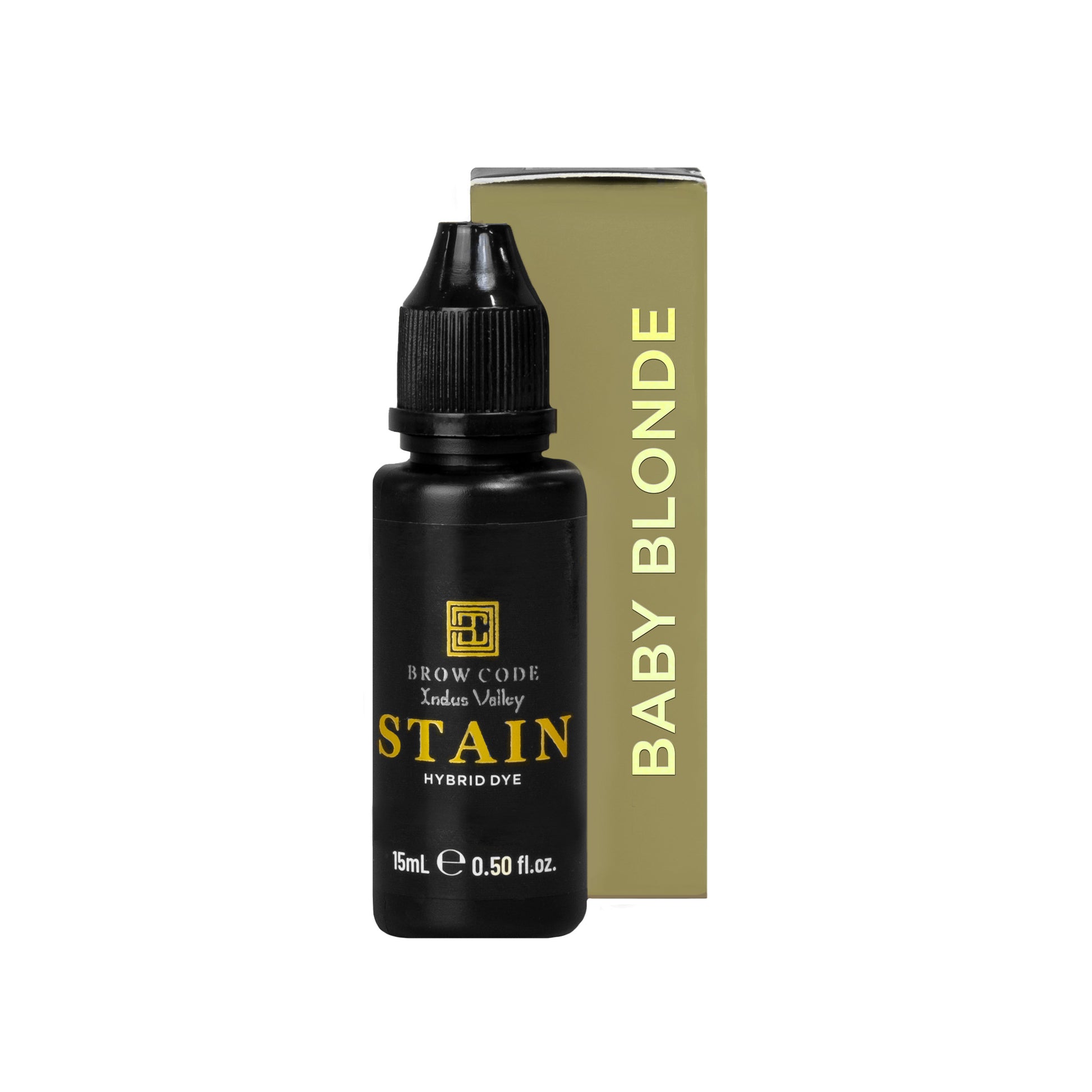 Ein schwarzes 15ml-Fläschchen Brow Code Stain Hybrid Augenbrauenfarbe - extra lang haltend steht vor einer Baby Blonde-Dose. Blashy Shop