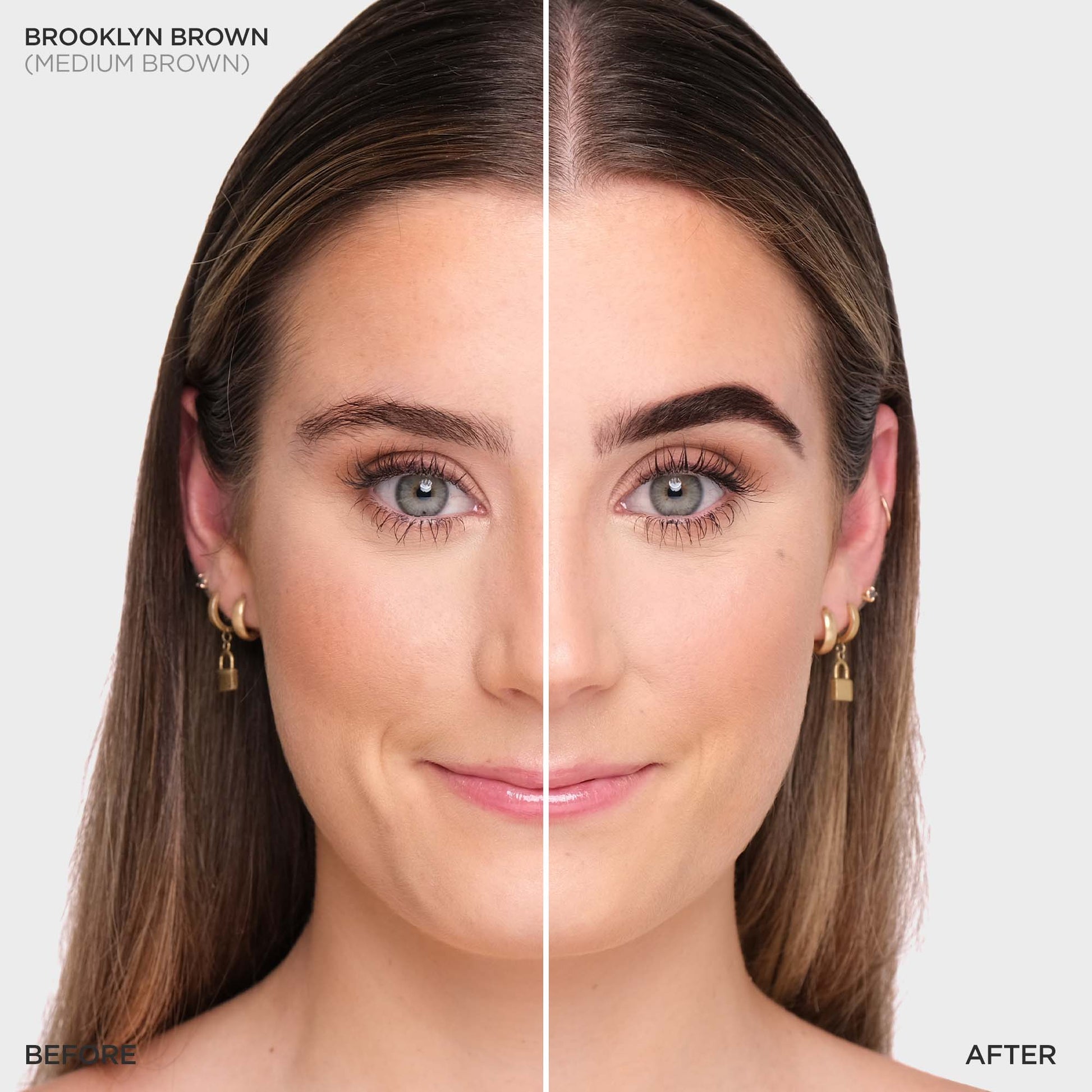 Das Gesicht einer Frau in zwei Hälften geteilt: links mit Airbrush-Brauen, rechts mit vollerer Brow Code Stain Hybrid Augenbrauenfarbe. Blashy Shop
