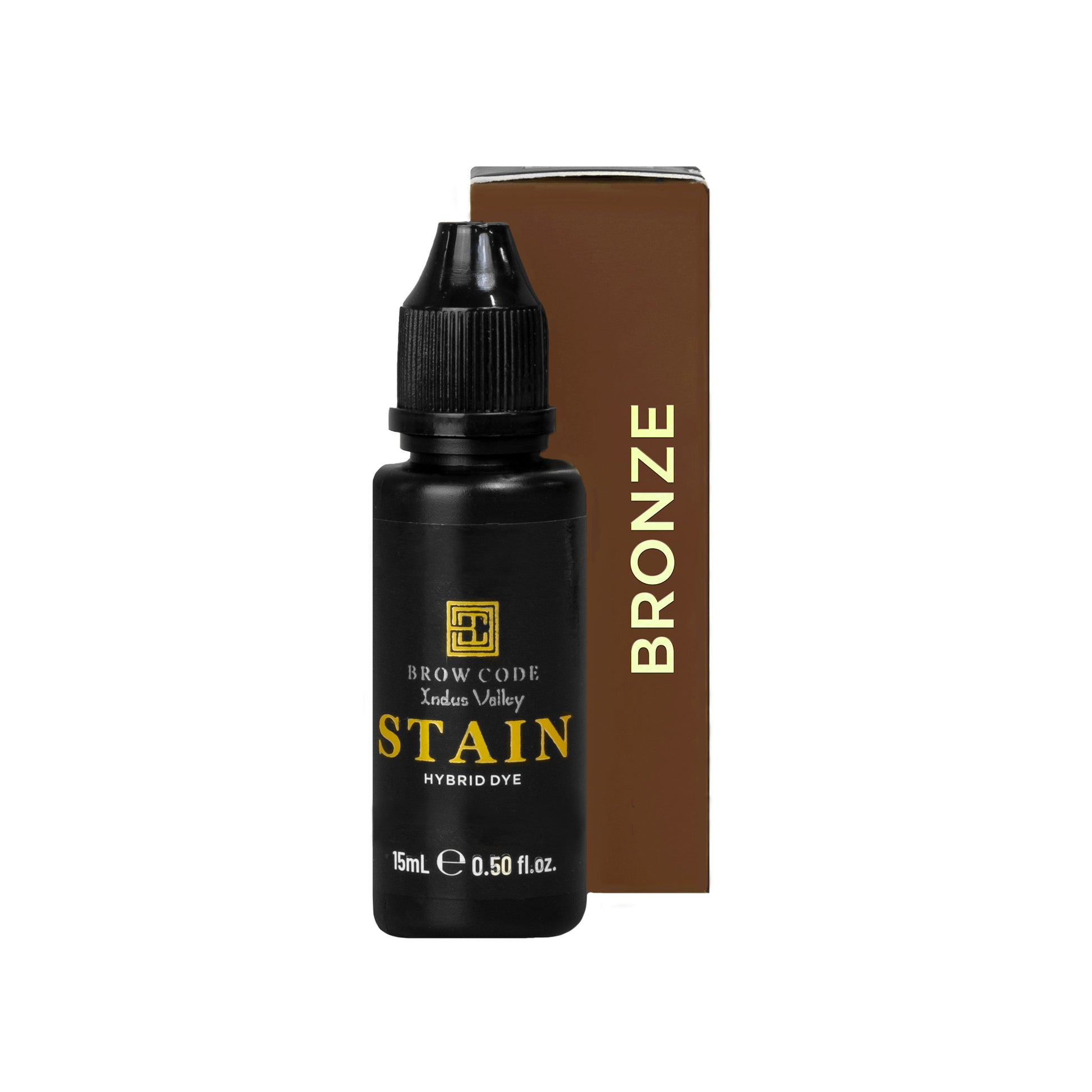 Eine 15ml Brow Code Stain Hybrid Augenbrauenfarbe steht vor einer braunen Bronze-Dose. Blashy Shop