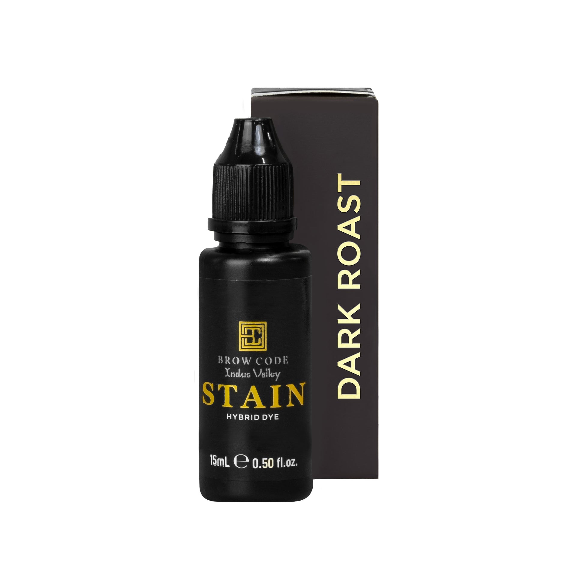 Ein 15ml-Fläschchen Brow Code Stain Hybrid Augenbrauenfarbe - extra lang hält vor seiner Dark Roast-Schachtel. Blashy Shop