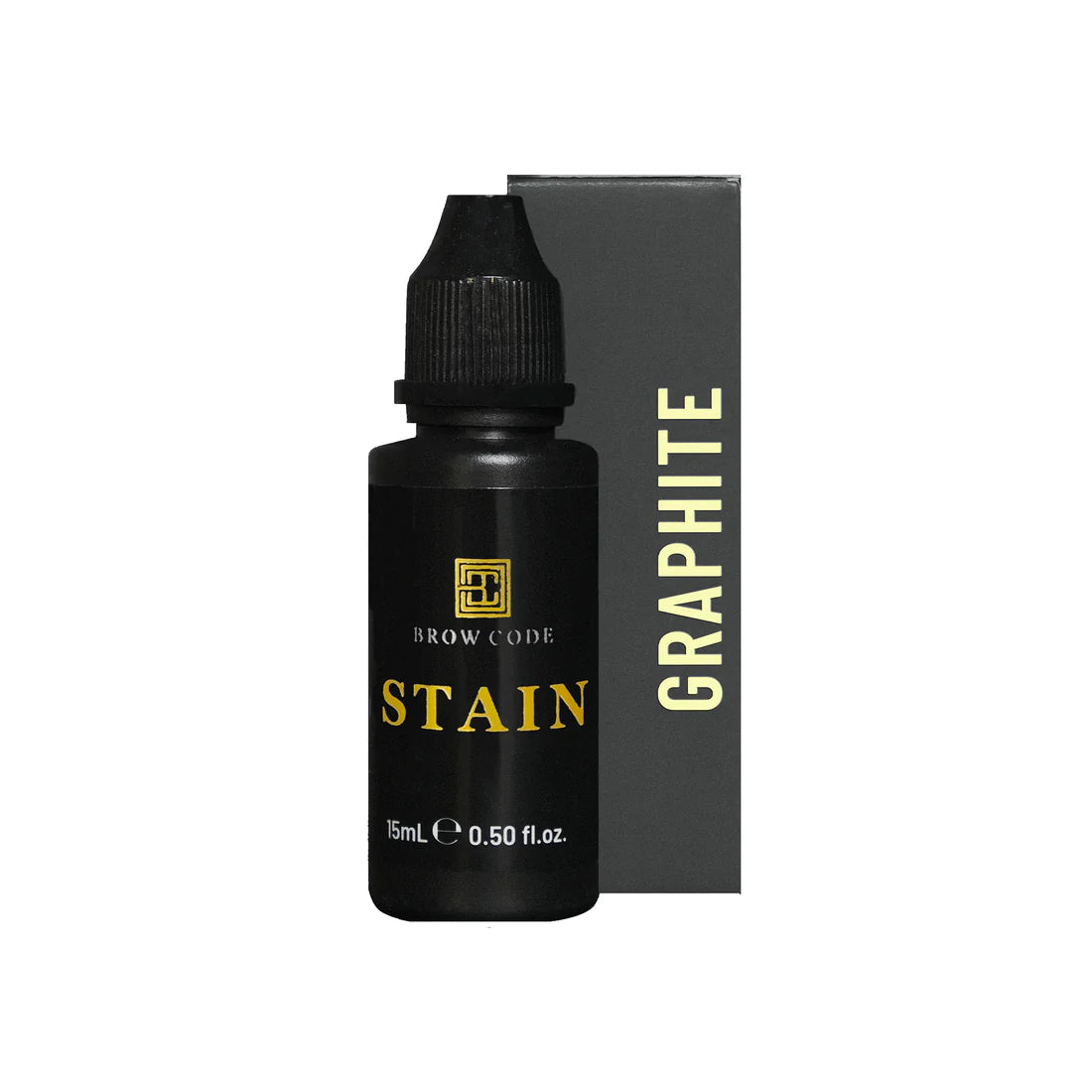 Ein 15ml Brow Code Stain Hybrid Augenbrauenfarbe - extra lang haltend vor einer Graphite Box auf weißem Hintergrund. Blashy Shop