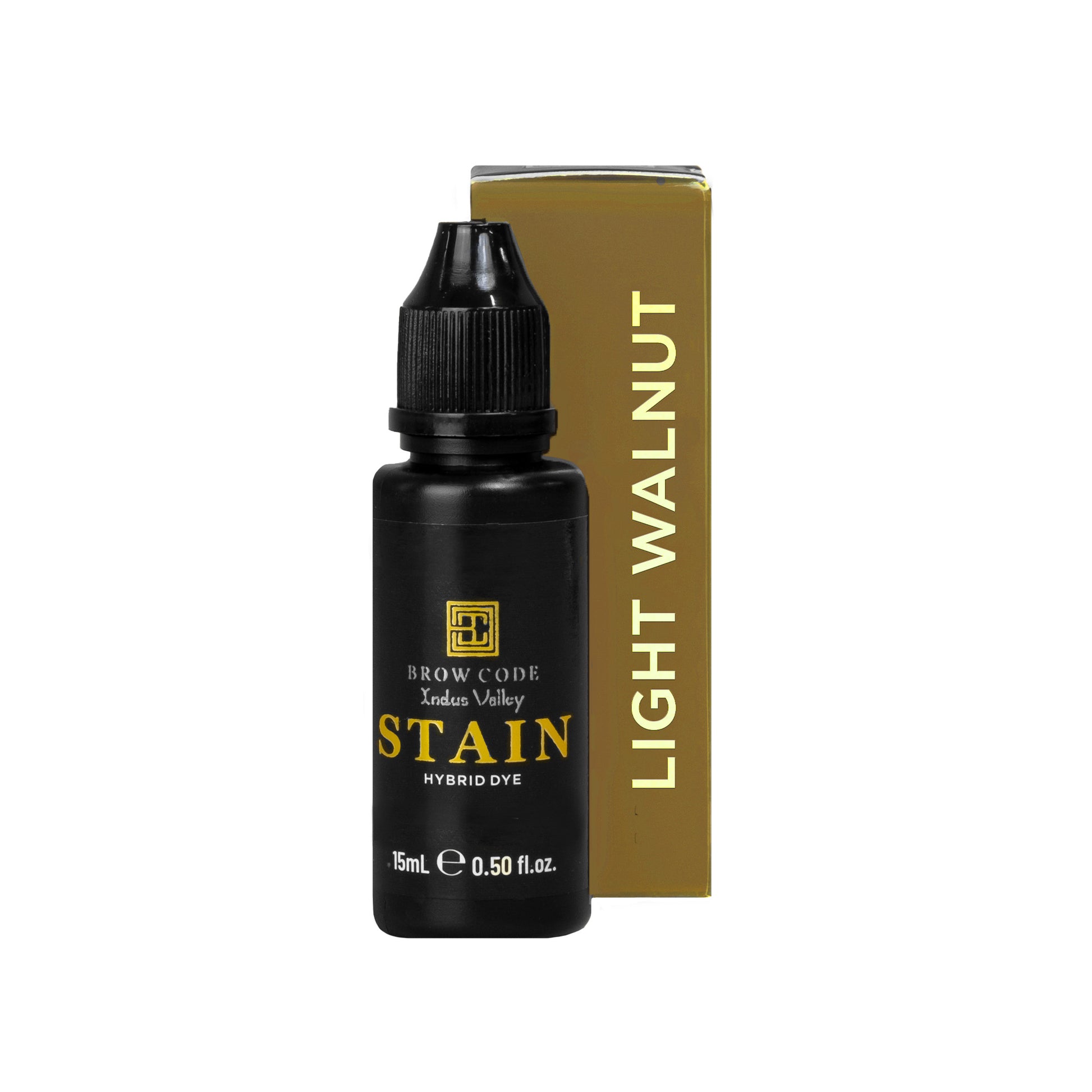 Ein 15ml Brow Code Stain Hybrid Augenbrauenfarbe - extra lang haltend in Light Walnut mit etikettierter Verpackung. Blashy Shop