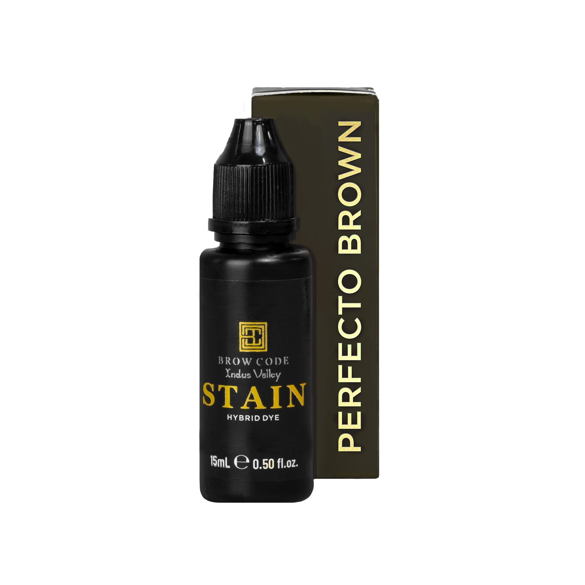 Ein schwarzes 15-ml-Fläschchen Brow Code Stain Hybrid Augenbrauenfarbe steht vor seiner Perfecto Brown-Schachtel. Blashy Shop