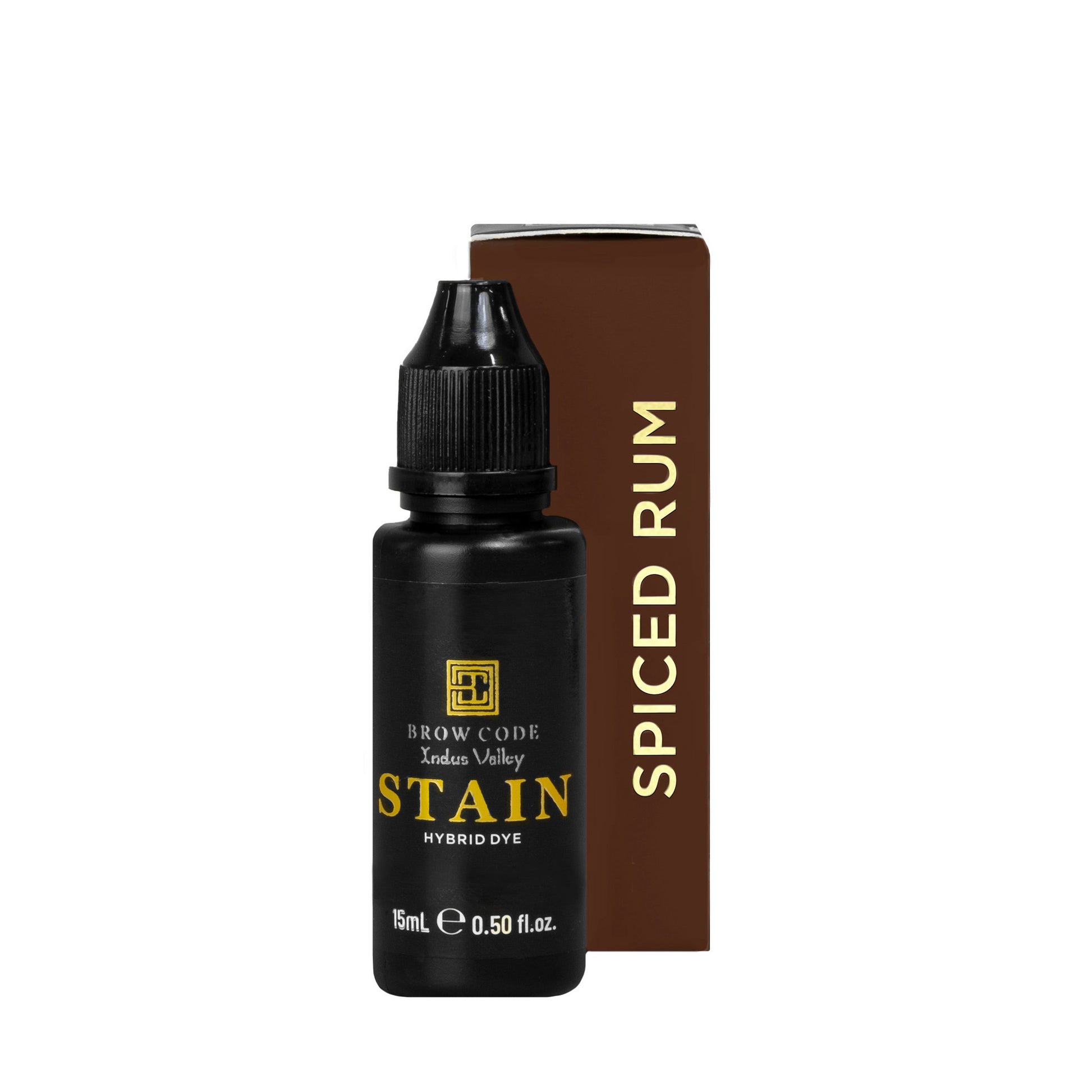 Ein 15ml-Fläschchen Brow Code Stain Hybrid Augenbrauenfarbe steht vor einer braunen Spiced Rum-Schachtel. Blashy Shop