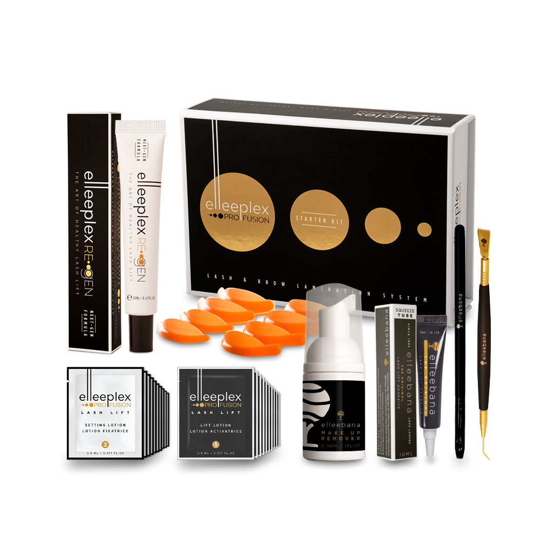 STARTER KIT Elleeplex ProFusion Wimpern- und Browlifting 15er von Elleebana, alle Werkzeuge angeordnet auf weißem Hintergrund. Blashy Shop