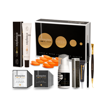STARTER KIT Elleeplex ProFusion Wimpern- und Browlifting 15er von Elleebana, alle Werkzeuge angeordnet auf weißem Hintergrund. Blashy Shop