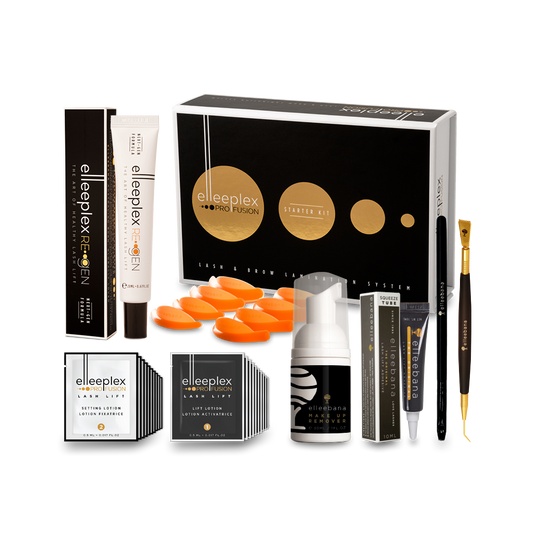 STARTER KIT Elleeplex ProFusion Wimpern- und Browlifting 15er von Elleebana, alle Werkzeuge angeordnet auf weißem Hintergrund. Blashy Shop