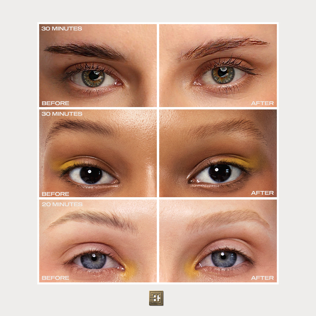 Nahaufnahmen zeigen die Augen vor und nach der Anwendung des Brow Code STARTER KIT Lemon Lights Augenbrauen Bleaching Kit bei drei Personen. Blashy Shop