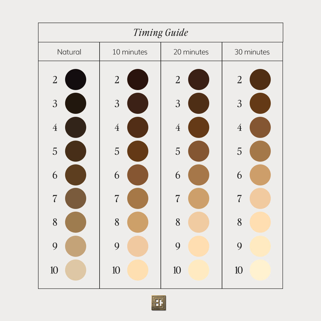 Die Tabelle des Brow Code STARTER KIT Lemon Lights Augenbrauen zeigt die Farbergebnisse nach 10, 20 und 30 Minuten. Blashy Shop