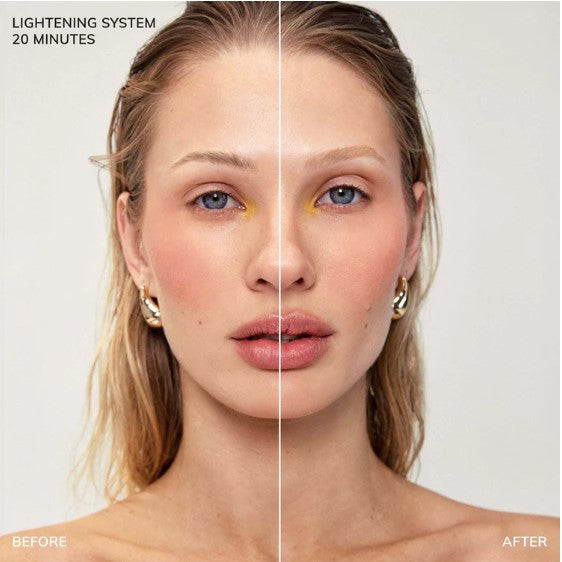 Das in zwei Hälften geteilte Gesicht einer Frau zeigt 20-minütige Ergebnisse mit dem STARTER KIT Lemon Lights Augenbrauen Bleaching Kit von Brow Code. Blashy Shop