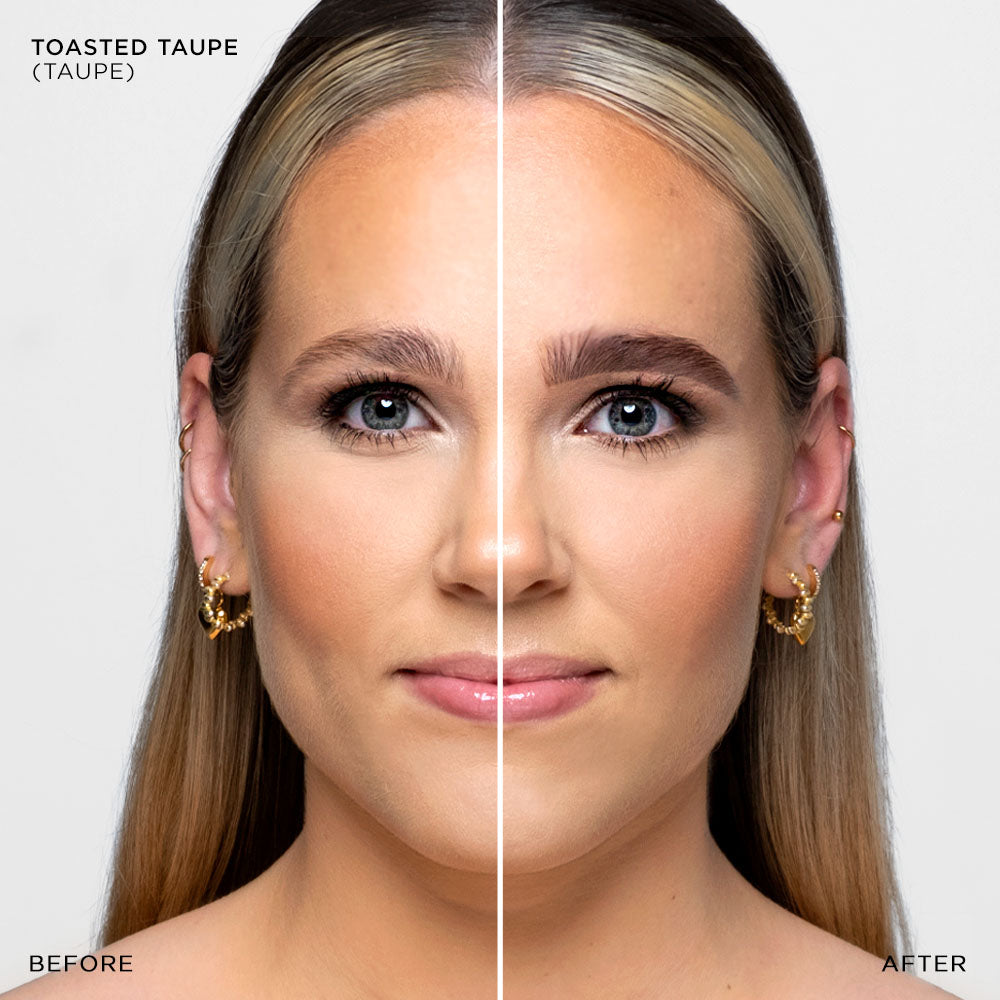 Das Gesicht einer Frau ist in zwei Hälften geteilt, um ihre Brauen vor und nach der Anwendung der Brow Code STARTER KIT Stain Hybrid Farben zu zeigen. Blashy Shop
