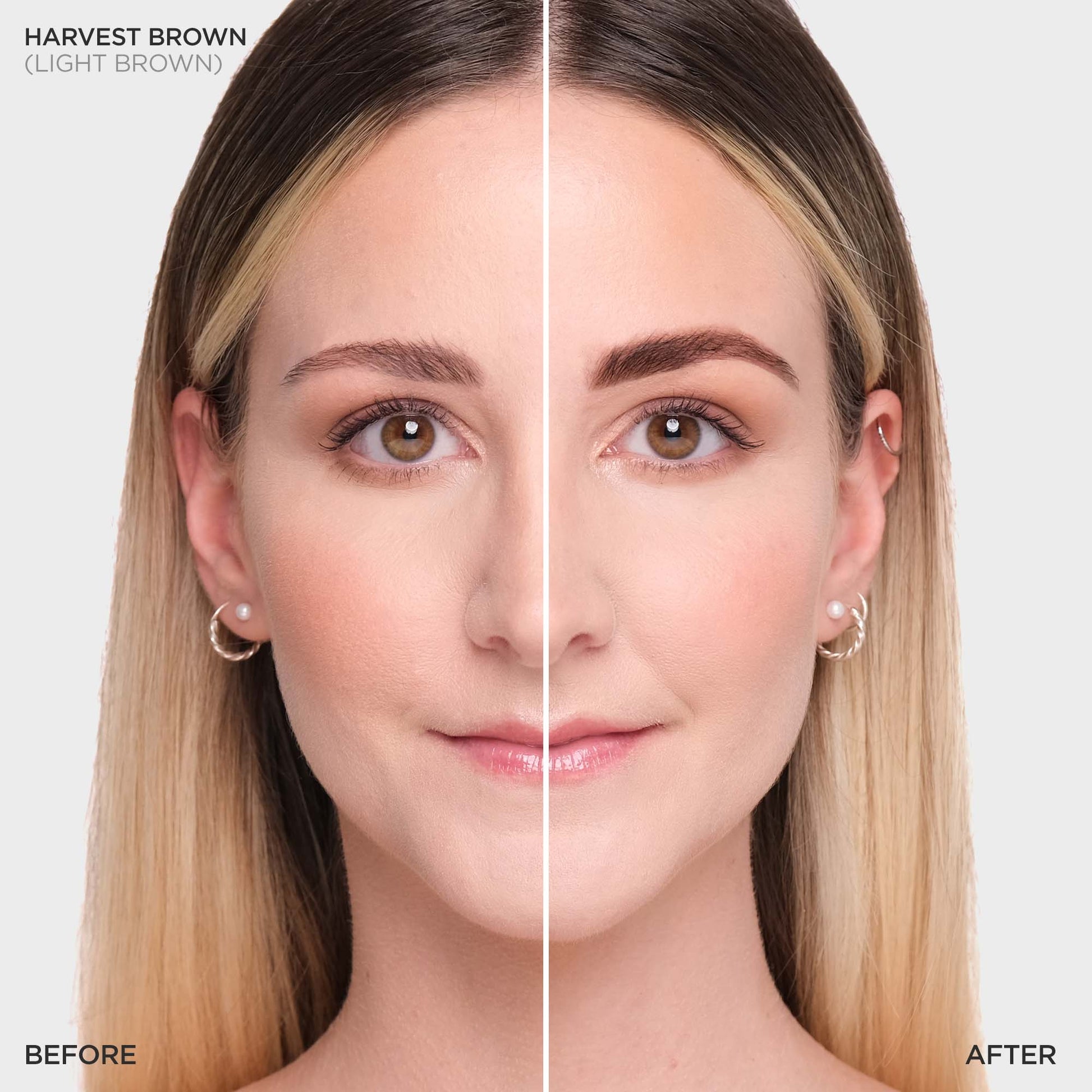 Das geteilte Bild eines Frauengesichts zeigt rechts kräftige Brauen mit Brow Code STARTER KIT Stain Hybrid Farben, links heller. Blashy Shop