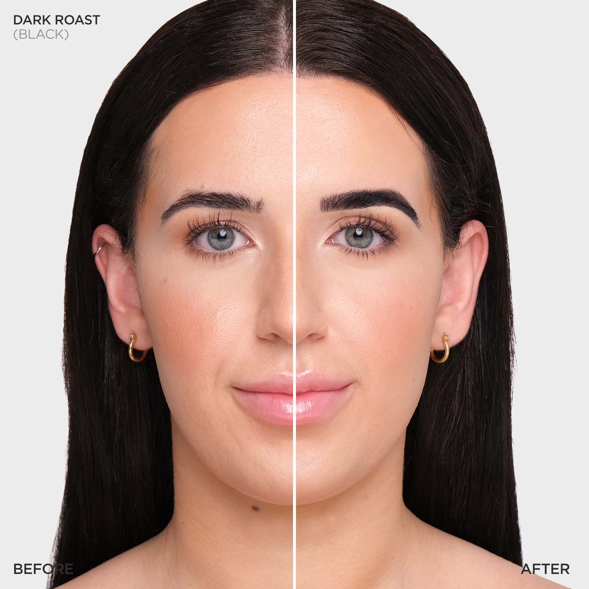 Ein geteiltes Bild zeigt die Brauen vor und nach der Anwendung des STARTER KIT Stain Hybrid Farben von Brow Code in Dark Roast (Black). Blashy Shop