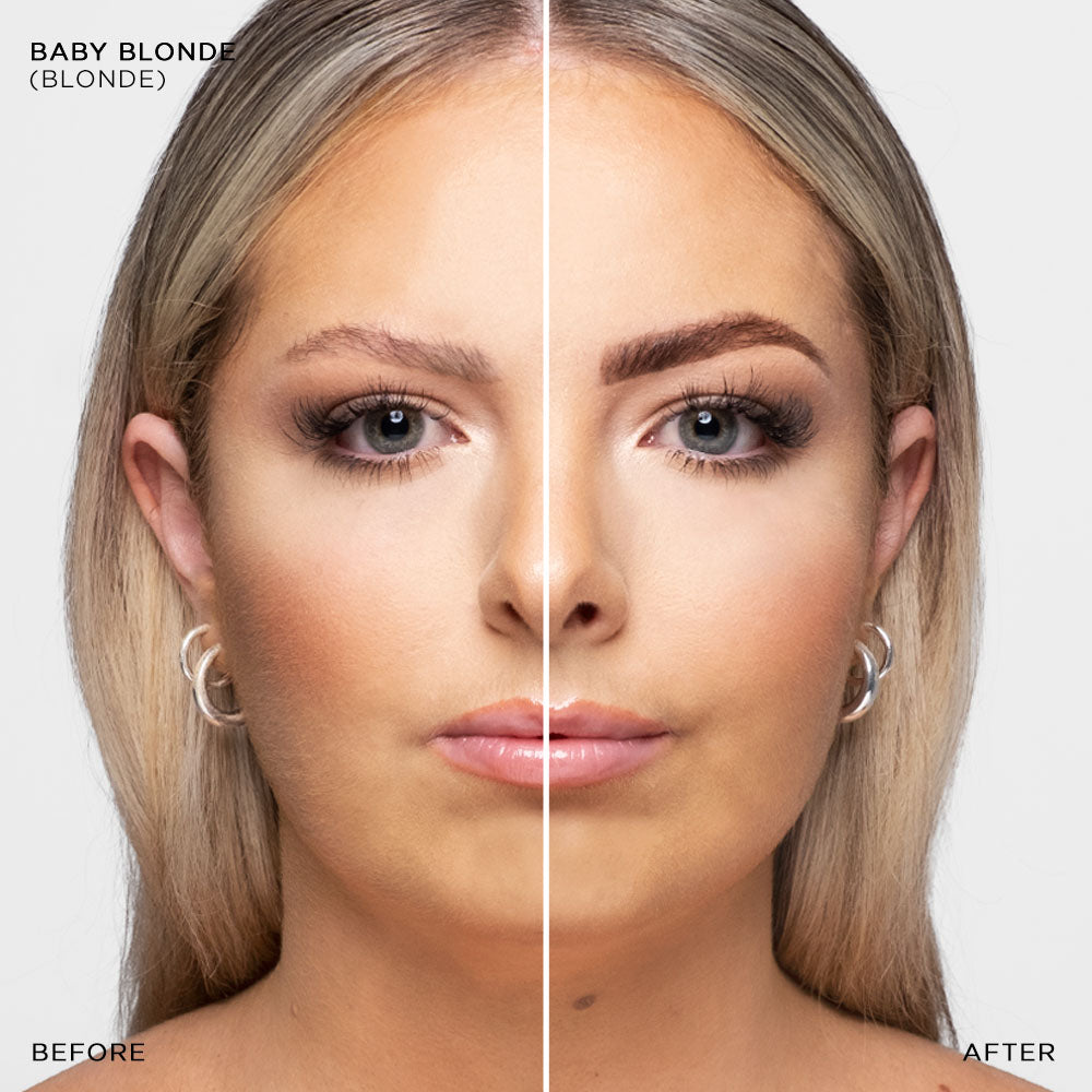 Ein geteiltes Bild zeigt das Gesicht einer Frau vor und nach der Anwendung des STARTER KIT Stain Hybrid Farben von Brow Code in Babyblond. Blashy Shop