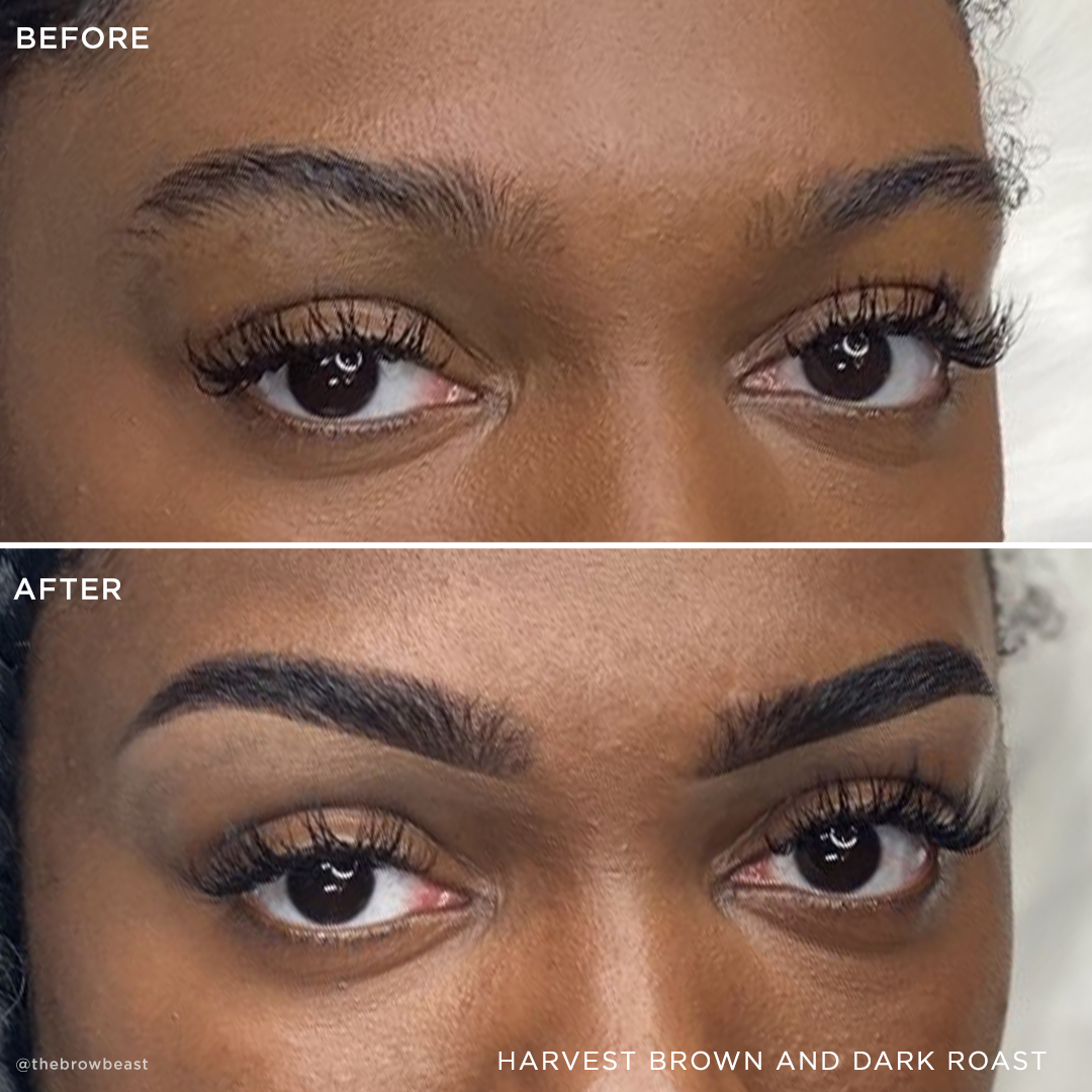 Nahaufnahme der Brauen vor und nach der Anwendung von Brow Code STARTER KIT Stain Hybrid Farben; die Brauen sehen voller und definierter aus. Blashy Shop