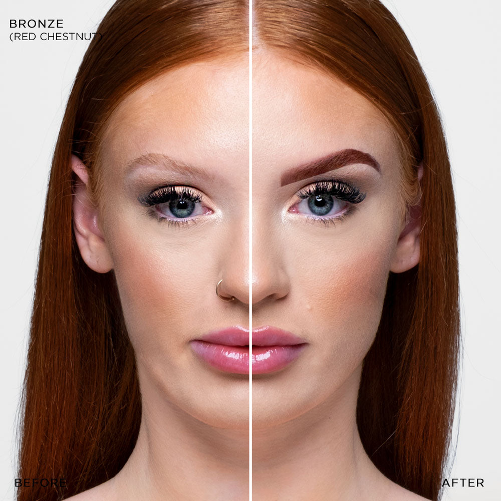 Gesplittetes Bild des Gesichts einer Frau, die das Brow Code STARTER KIT verwendet hat: links natürlich, rechts fett, zeigt die Brauen vorher und nachher. Blashy Shop