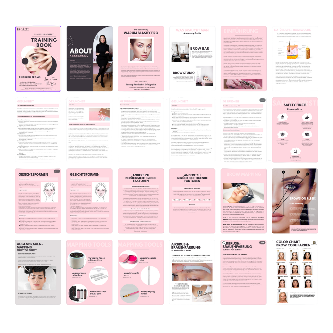 Das Trainingshandbuch - Airbrush Brows E-Book von Lash&Brow Academy Online enthält Tipps zur Augenbrauen-Schönheit, Sicherheit und Mapping-Anleitungen. Blashy Shop