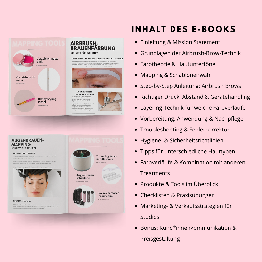 Zugang zum Lash&Brow Academy Trainingshandbuch Airbrush Brows E-Book Download mit Mapping Guides & pinker Inhaltsliste. Blashy Shop