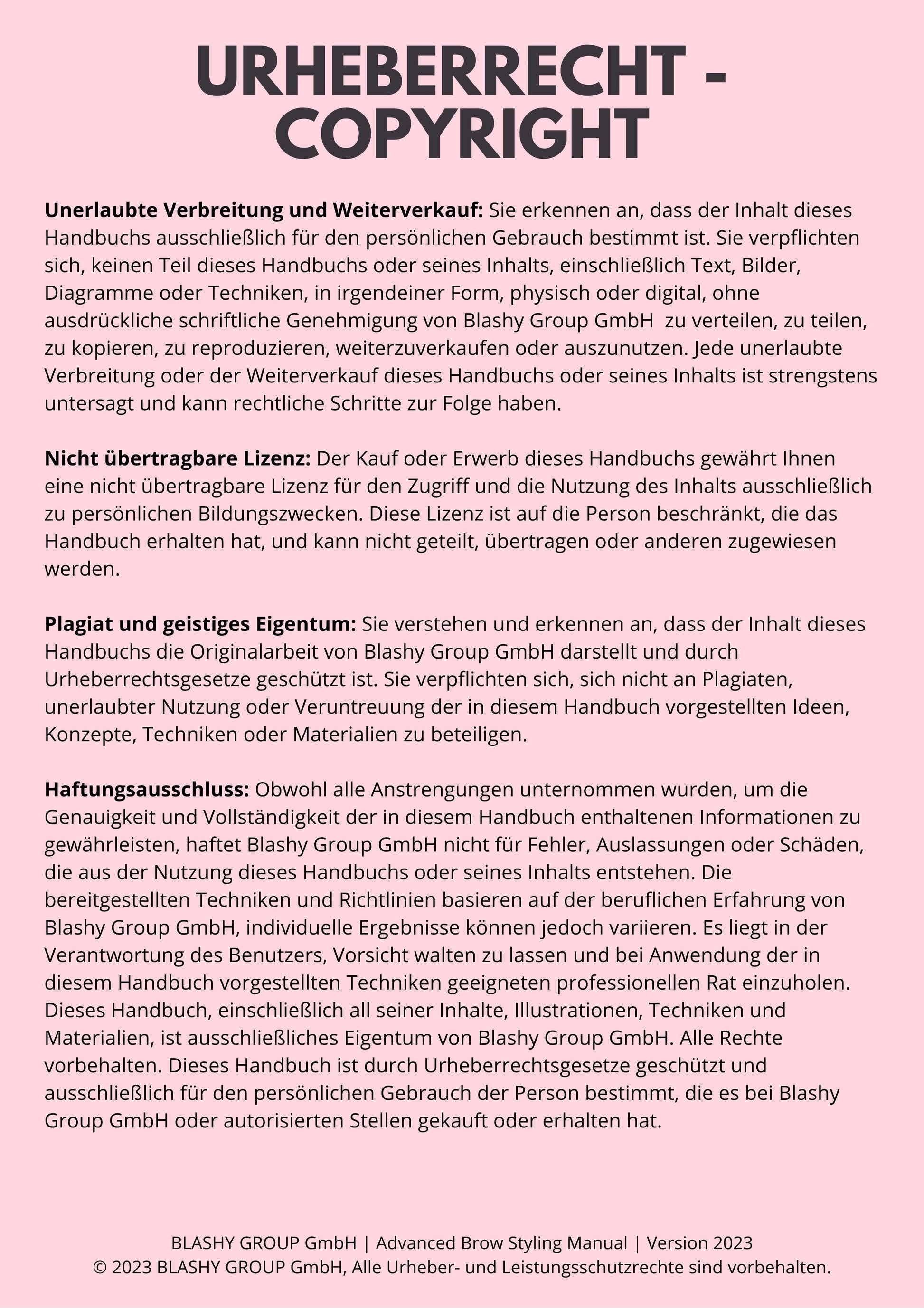 Deutscher Urheberrechtshinweis für Trainingshandbuch - Brow Styling Browista [E-BOOK] von Lash&Brow Academy Online; keine Weitergabe. Blashy Shop