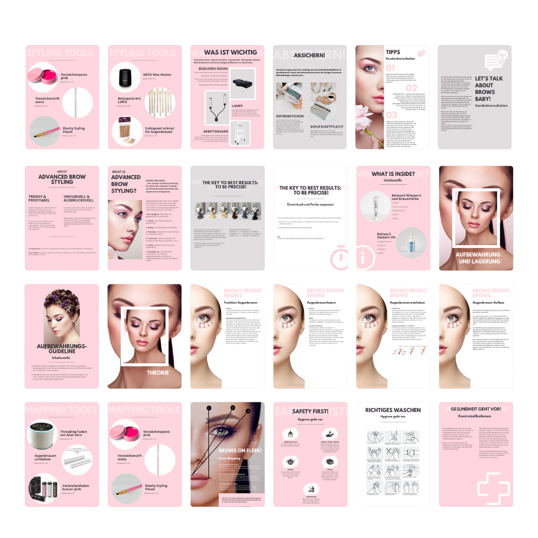 Ein Raster von Beauty-Anleitungen mit Bildern, Diagrammen und Tipps aus dem Brow Styling Browista E-Book der Lash&Brow Academy. Blashy Shop