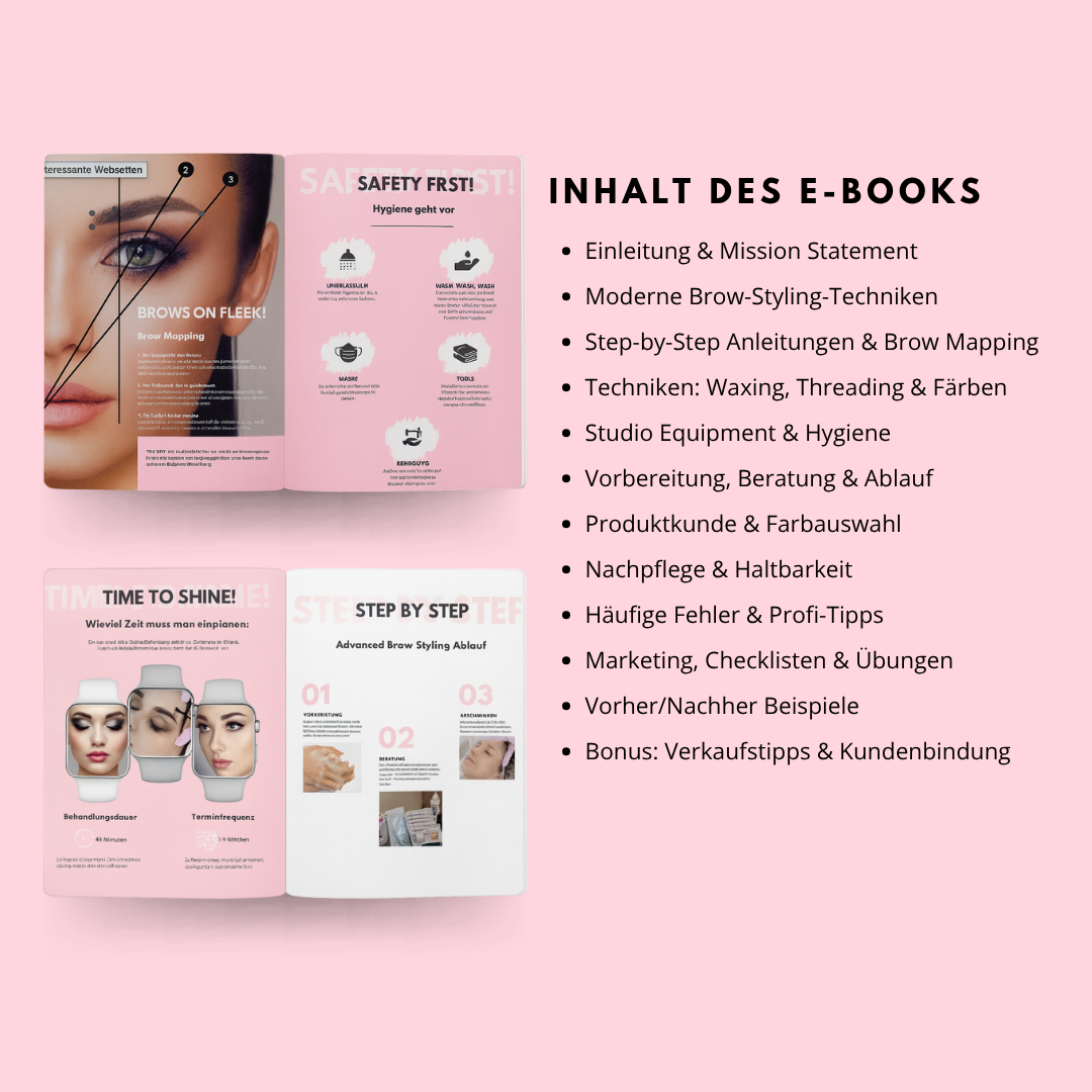 Eine rosa-weiße Vorschau von Trainingshandbuch - Brow Styling Browista [E-BOOK] von Lash&Brow Academy Online wird angezeigt. Blashy Shop