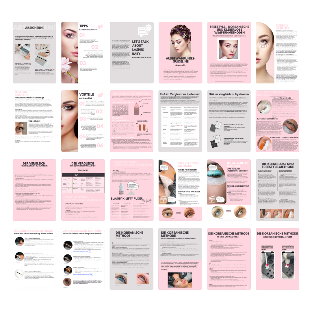 Eine Collage aus Hautpflegetipps, Schönheitsratgebern und dem koreanischen Lash&Brow Academys Lash Lift Trainingshandbuch in einem rosa Layout. Blashy Shop