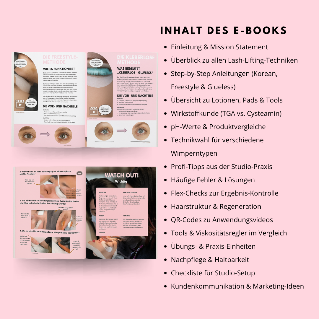 Eine Inhaltsseite für das Lash&Brow Academy Online Trainingshandbuch - Koreanisches Lash Lift, Freestyle & Glueless [PRINT]. Blashy Shop