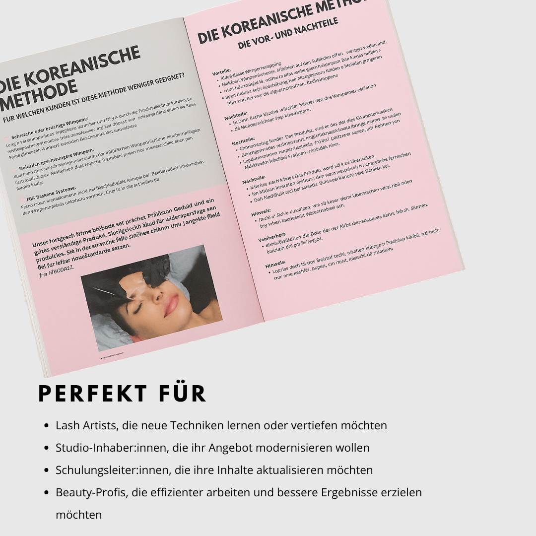 Deutsches Booklet zu Korean Lash Lift, Freestyle & Glueless von Lash&Brow Academy Online mit Tipps und Training (PRINTAUSGABE). Blashy Shop
