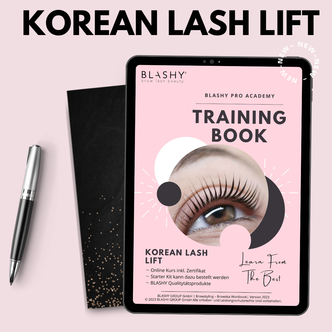Tablet mit dem Trainingshandbuch - Koreanisches Lash Lift, Freestyle & Glueless der Lash&Brow Academy als Printausgabe. Blashy Shop