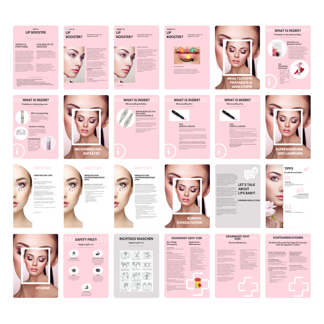 Ein Raster aus rosafarbenen Karten mit Schönheitstipps, Gesichtern, Produkten und dem Lip Booster E-Book-Trainingsleitfaden der Lash&Brow Academy. Blashy Shop
