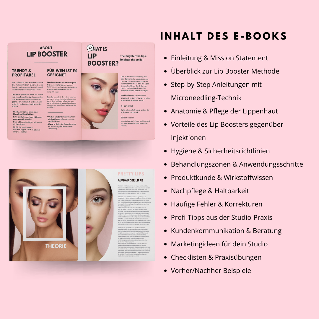 Das E-Book Trainingshandbuch - Lip Booster der Lash&Brow Academy behandelt Lippenpflege und Booster mit Frauenlippenbildern. Blashy Shop