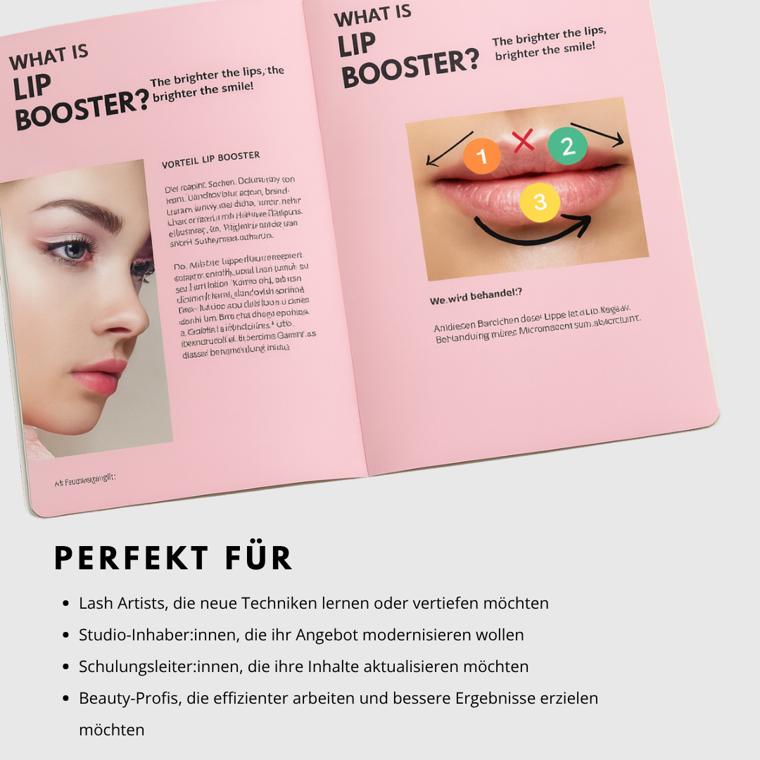 Die aufgeschlagene rosafarbene Broschüre enthält Informationen über die Lip Booster-Schulung der Lash&Brow Academy und die einzelnen Schritte der Lippenbehandlung, mit einer Nahaufnahme. Blashy Shop