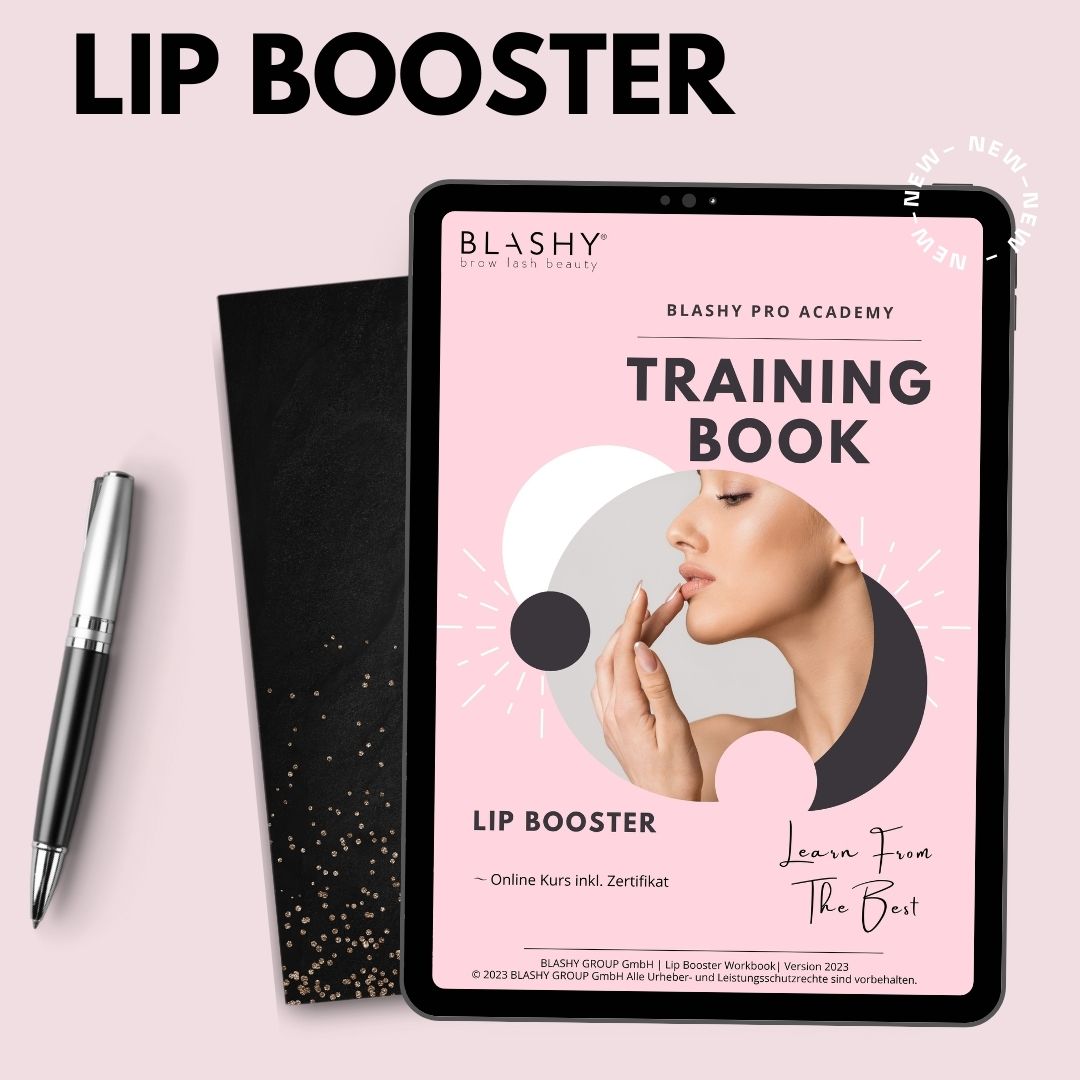Tablet zeigt Trainingshandbuch - Lip Booster für natürliches Lippenvolumen [E-BOOK] von Lash&Brow Academy Online. Blashy Shop